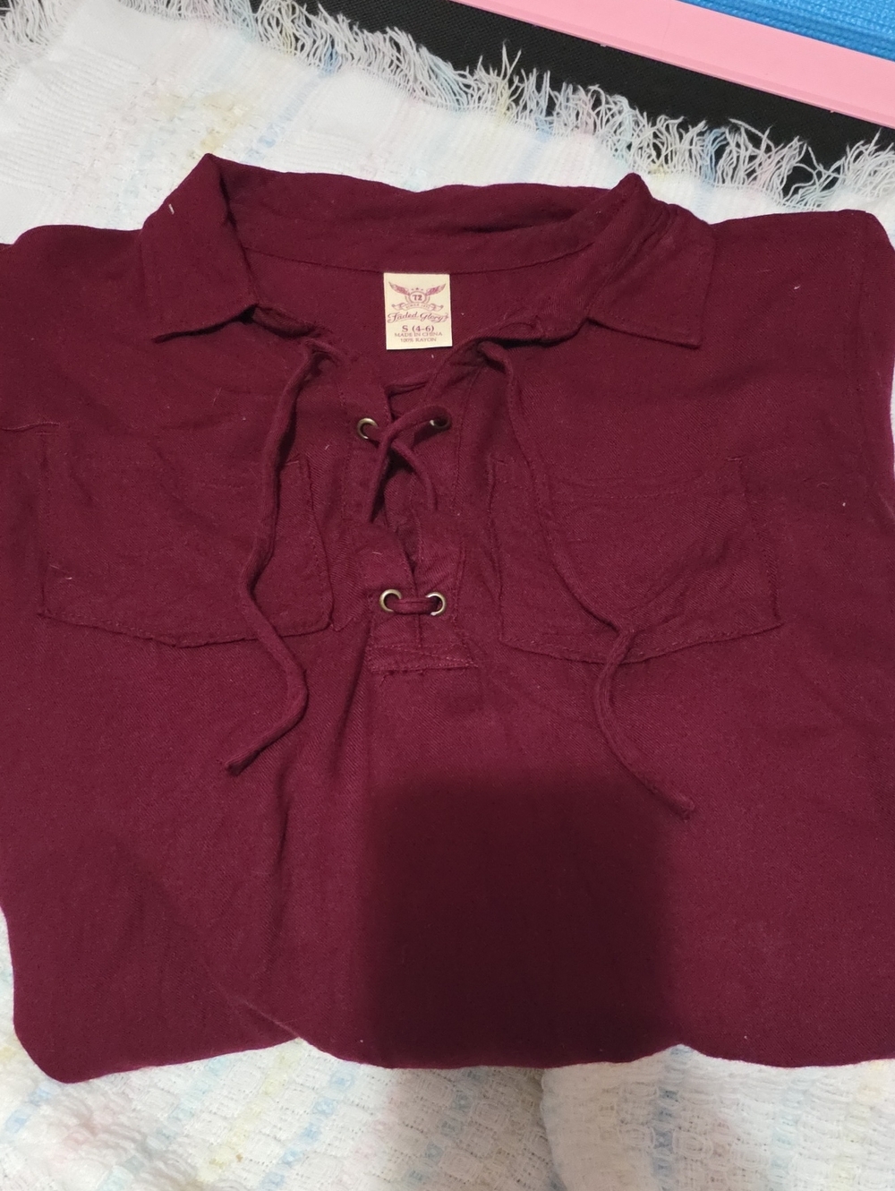 Faded Glory Lace-Up Blouse, Burgundy, Size 4-6